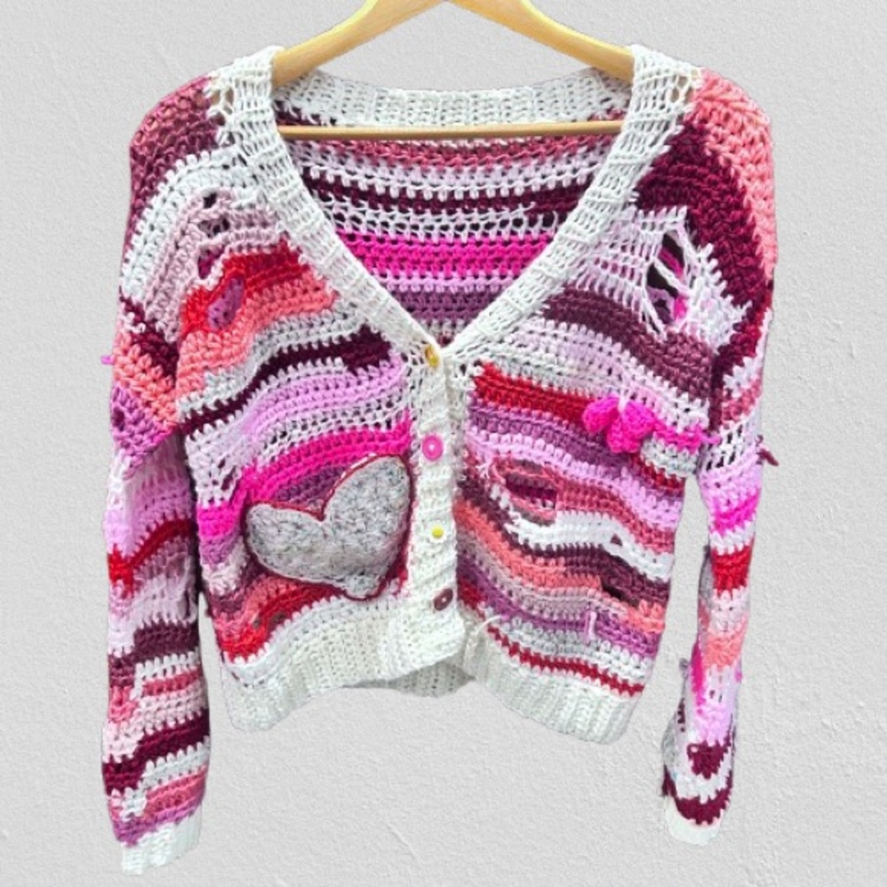 Handmade Crochet Pink Red Distressed Cardigan Coquette Sweater Love Hearts M